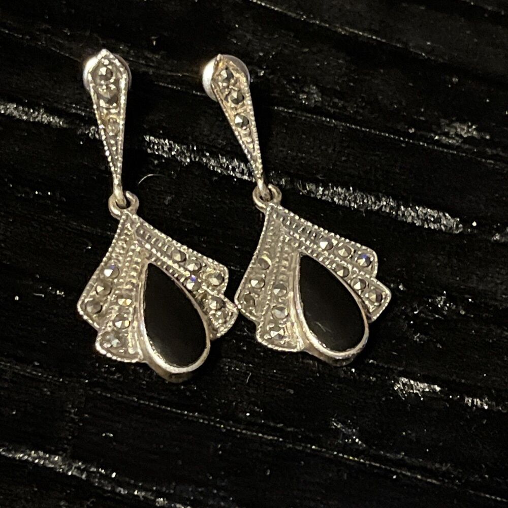 Stunning Vintage ROMA Art Deco Sterling .925 Onyx Marcasite Dangle Earrings